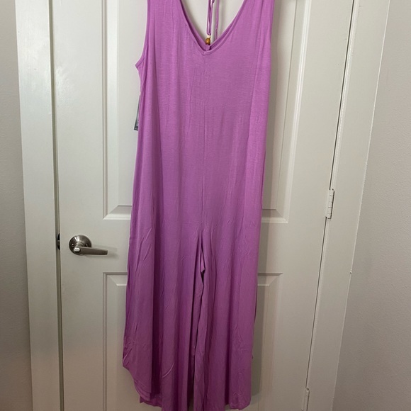 New York & Company Purple Beaded Halter Wide Leg Boho Relaxed Pockets Jumpsuit - Picture 9 of 9